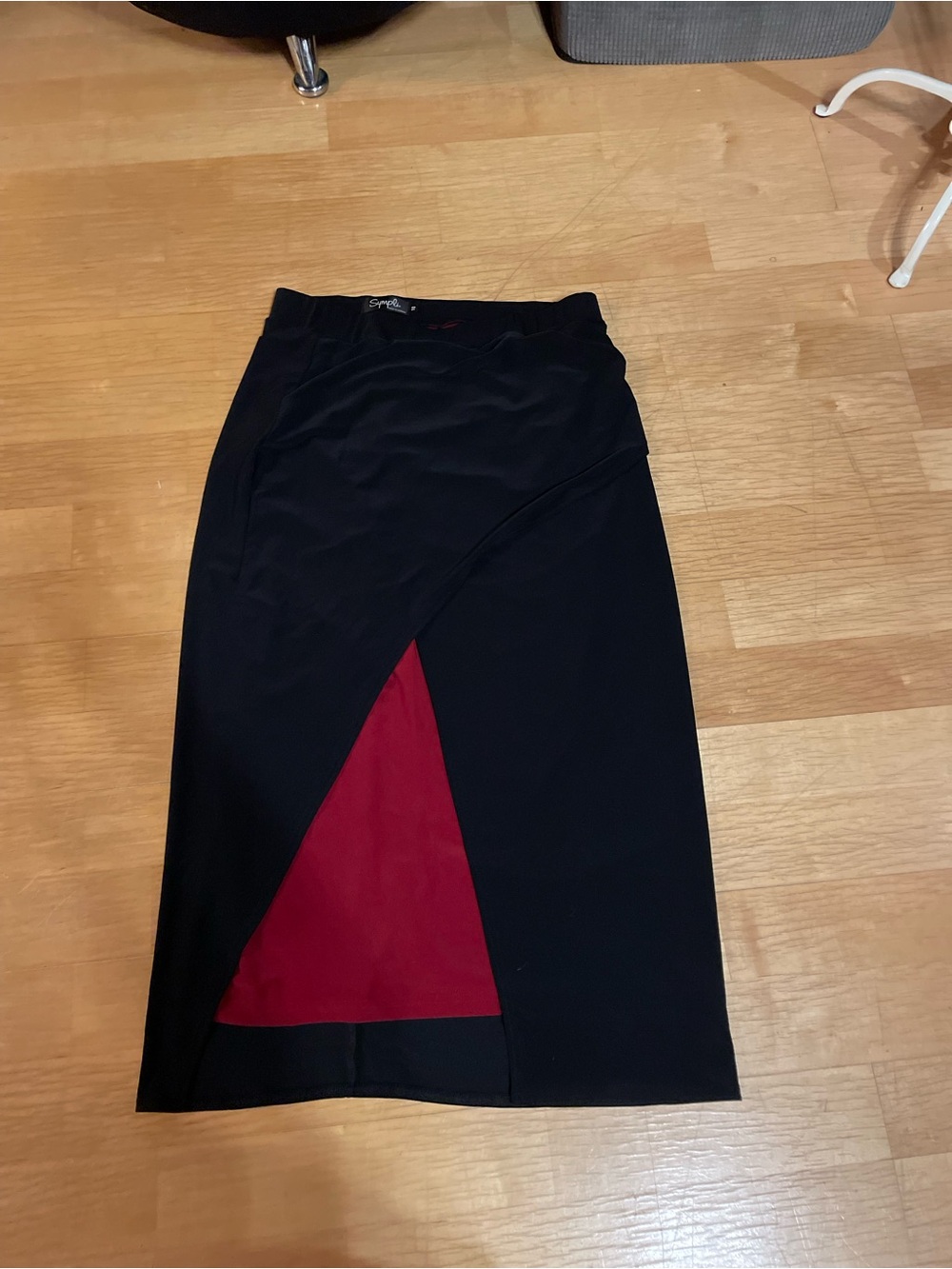 Sympli Black Wrap Midi Skirt with Red Panel